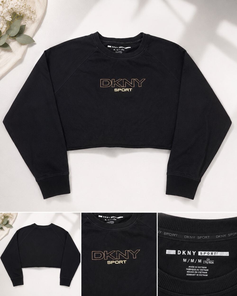 DKNY Sport Women’s Black Cropped Logo Sweatshirt Pullover Size M